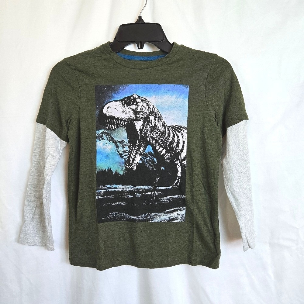 Old Navy Boys Olive Green T-Rex Dinosaur Colorblock Long Sleeve Tee Medium 8